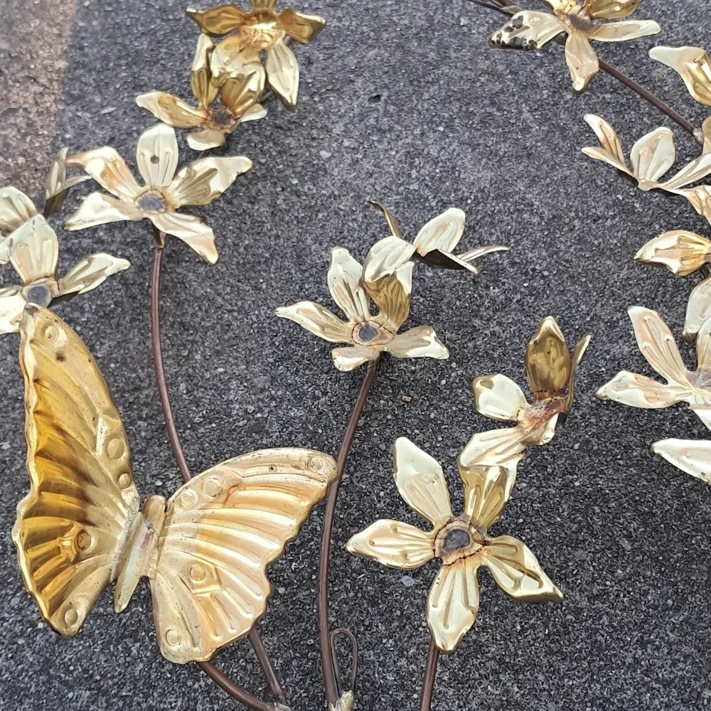 3 Vintage MCM Pair Brass Metal Butterfly Hummingbird Flower Art Wall Hangings